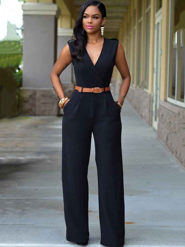 Sleevelesss V Neck Solid Wide Leg Jumpsuits Tiynon