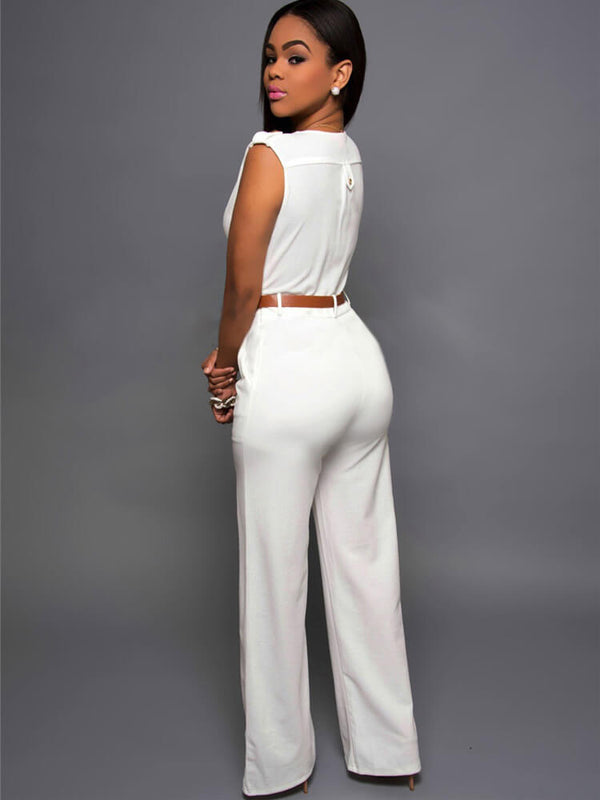 Sleevelesss V Neck Solid Wide Leg Jumpsuits Tiynon