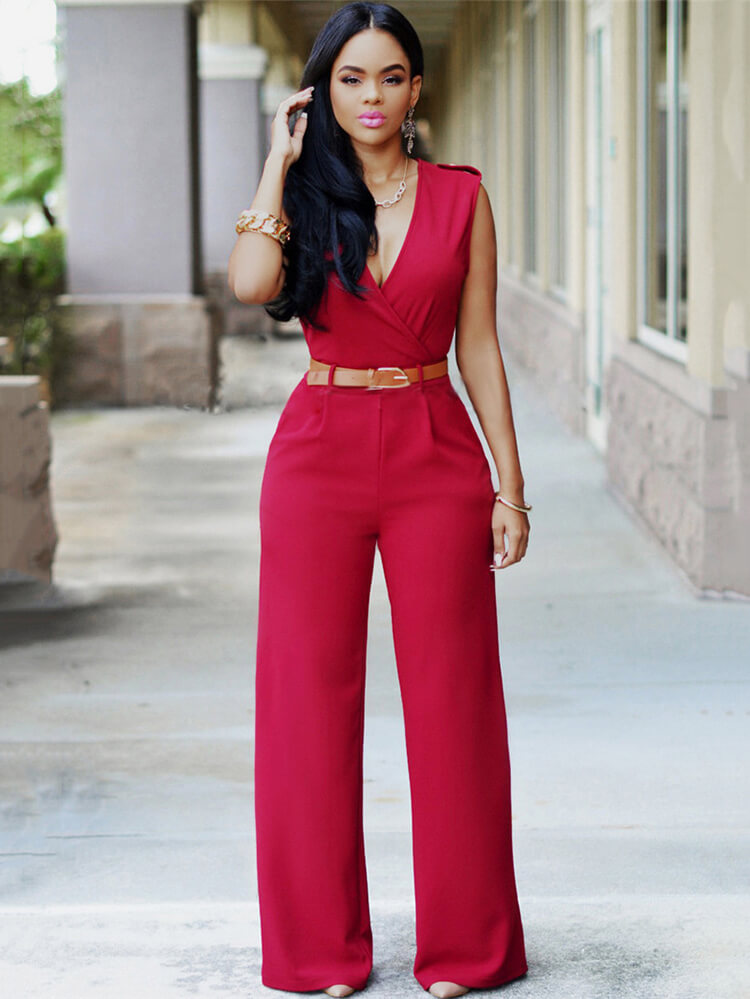 Sleevelesss V Neck Solid Wide Leg Jumpsuits Tiynon