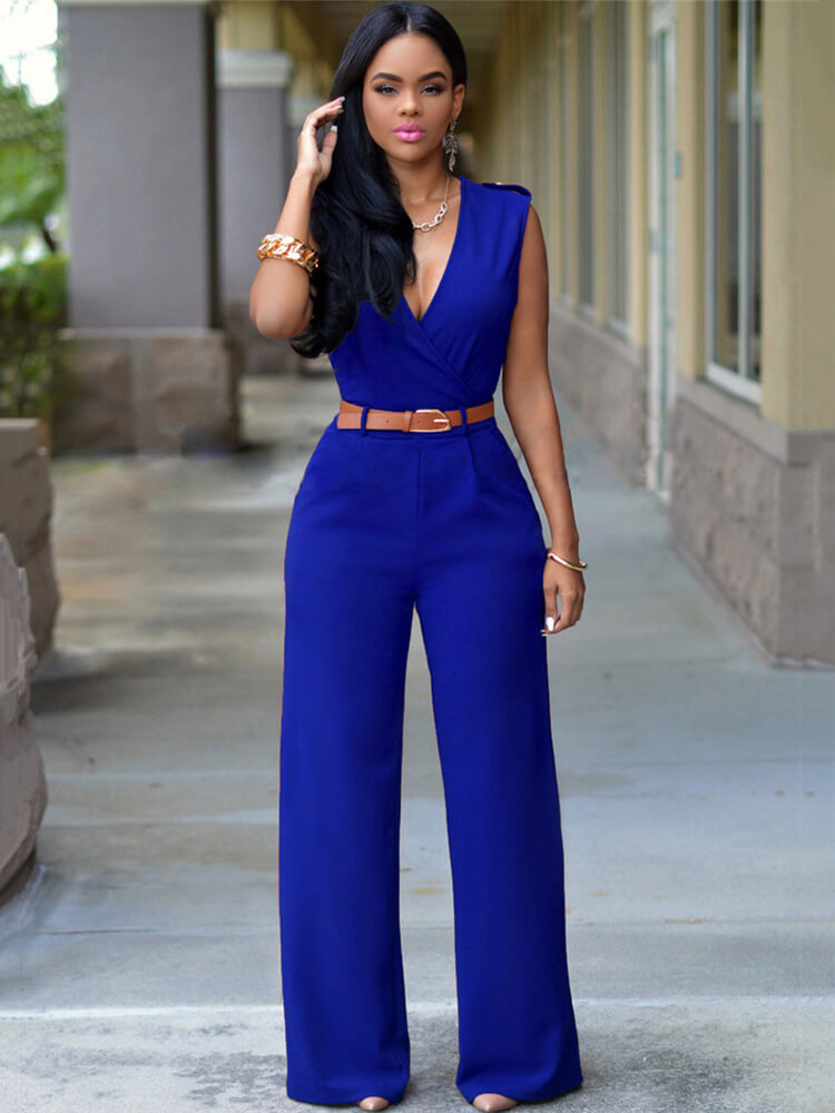 Sleevelesss V Neck Solid Wide Leg Jumpsuits Tiynon