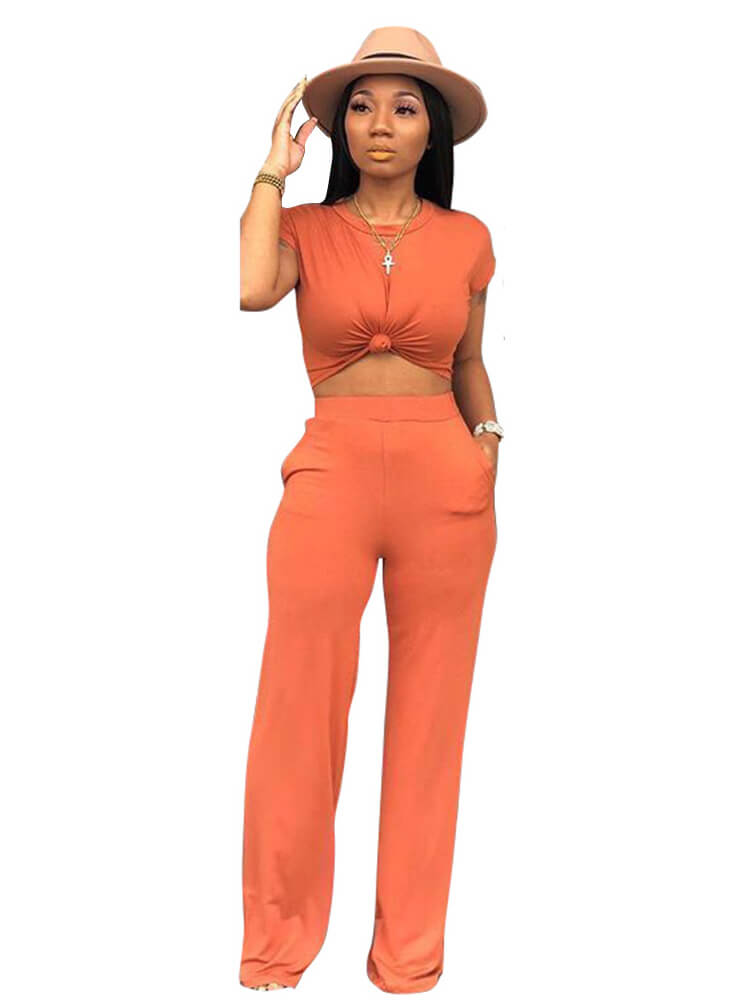 Slim Crop Top & Wide Leg Pants Set Tiynon