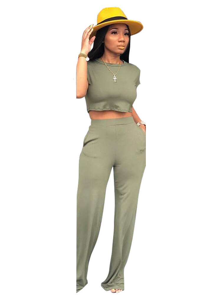 Slim Crop Top & Wide Leg Pants Set Tiynon