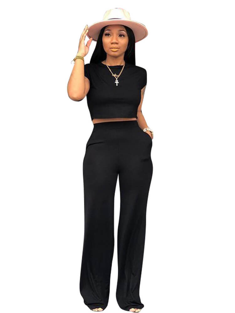 Slim Crop Top & Wide Leg Pants Set Tiynon