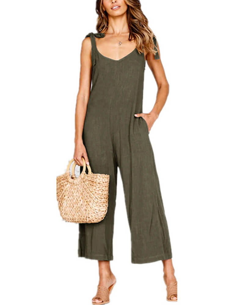 Solid Color Casual Loose Bow Strap Sleeveless Jumpsuit Tiynon