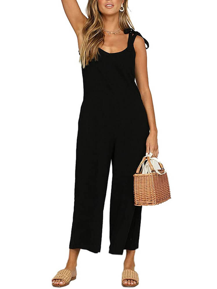 Solid Color Casual Loose Bow Strap Sleeveless Jumpsuit Tiynon