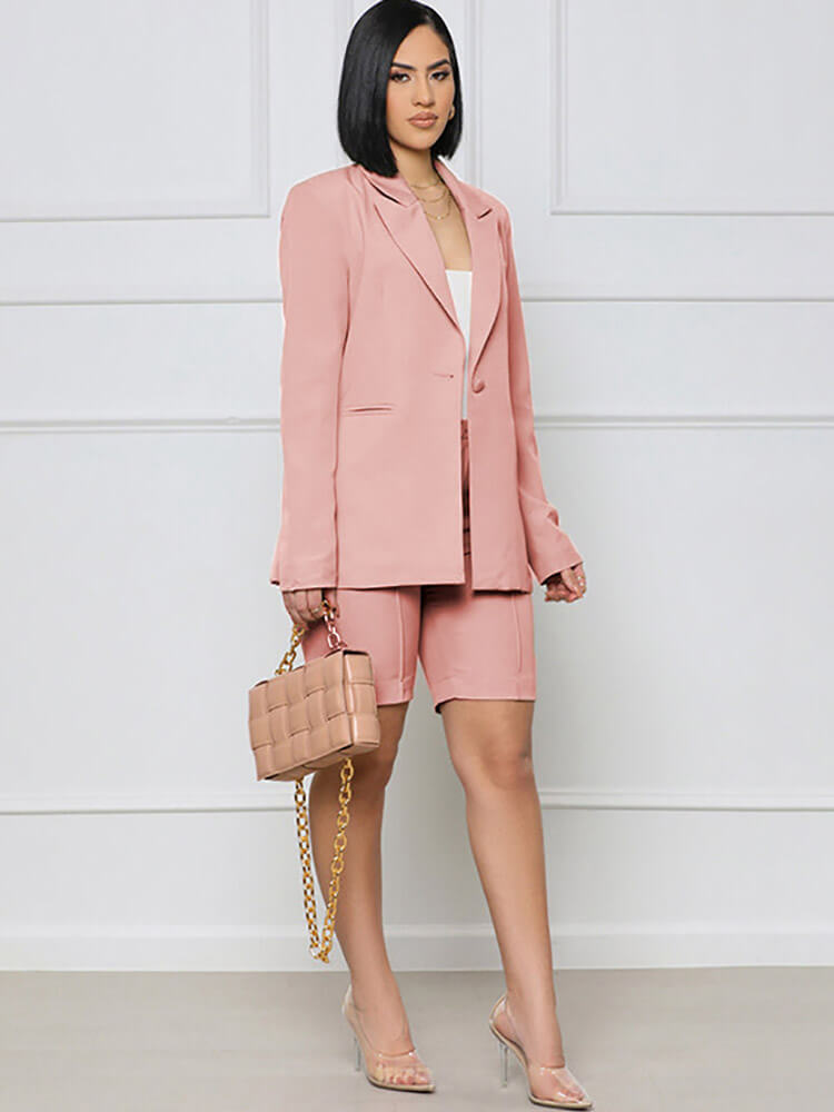 Solid Color Open Front Blazer Shorts Set Tiynon