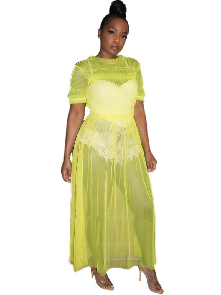 Solid Color Sheer Mesh Ruched Maxi Dresses Cover Up Tiynon