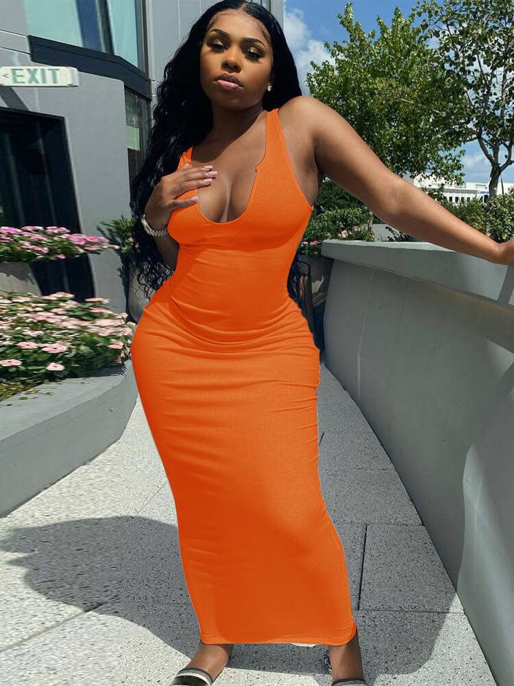 Solid Color Sleeveless Racerback Rib Bodycon Maxi Dresses Tiynon