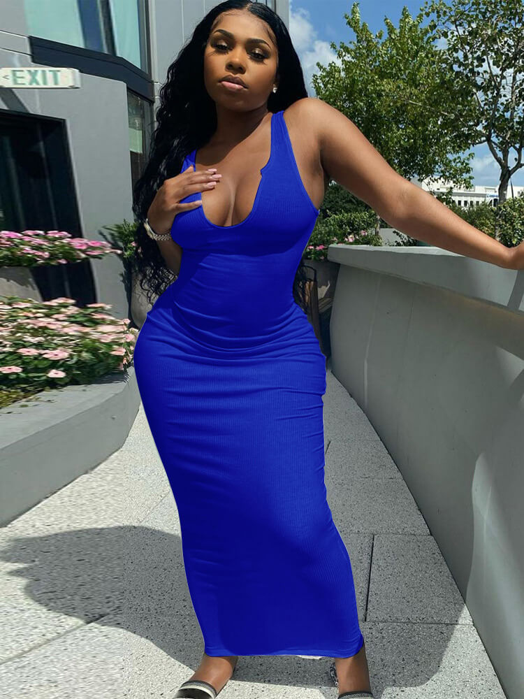 Solid Color Sleeveless Racerback Rib Bodycon Maxi Dresses Tiynon