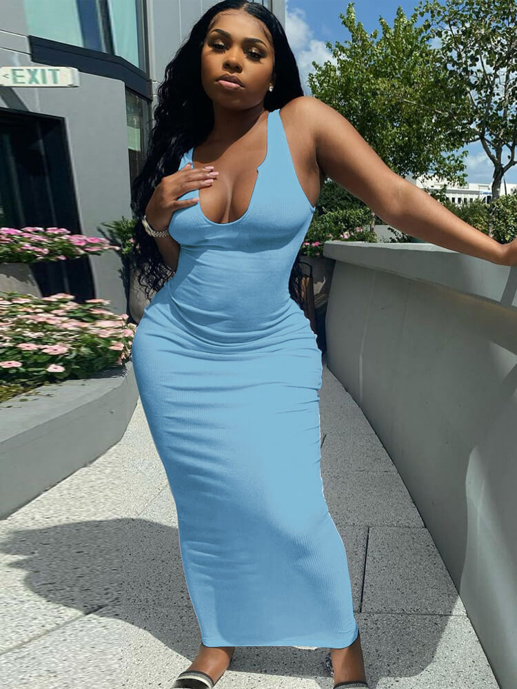 Solid Color Sleeveless Racerback Rib Bodycon Maxi Dresses Tiynon