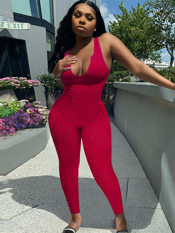 Solid Color Slit Scoop Neck Ottoman Rib Bodycon Jumpsuits Tiynon