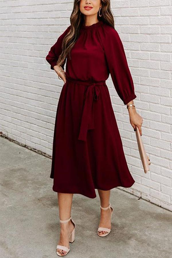 Solid Tie Waist Long Sleeve Swing Dress Tiynon