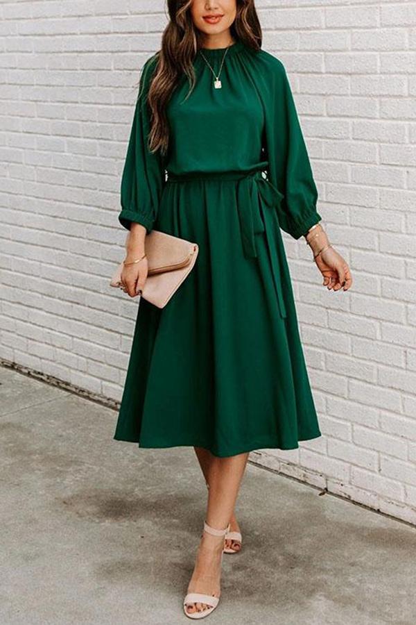 Solid Tie Waist Long Sleeve Swing Dress Tiynon