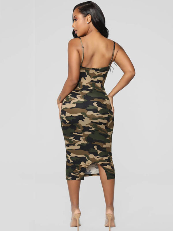 Spaghetti Strap Backless Camouflage Midi Dresses Tiynon