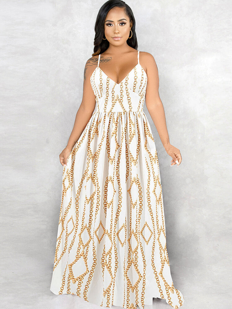 Spaghetti Strap Backless Printed Swing Maxi Dress Tiynon