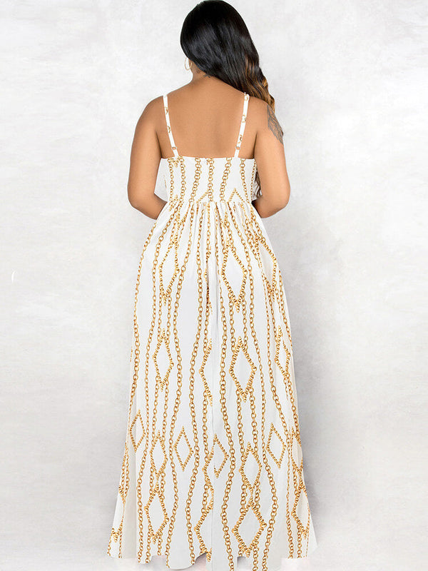 Spaghetti Strap Backless Printed Swing Maxi Dress Tiynon