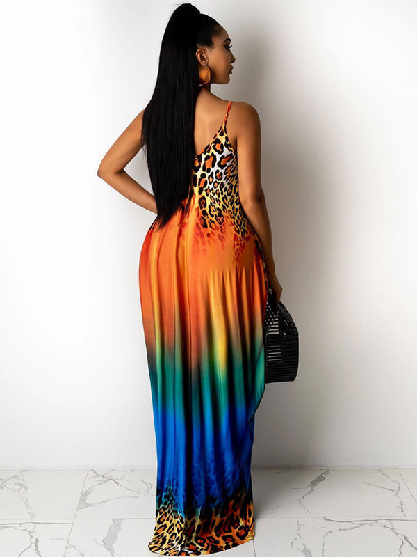 Spaghetti Strap Boho Gradient Leoaprd Print Sundress Tiynon