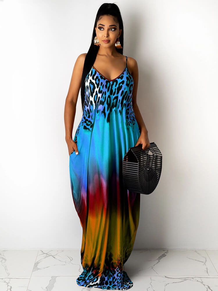 Spaghetti Strap Boho Gradient Leoaprd Print Sundress Tiynon