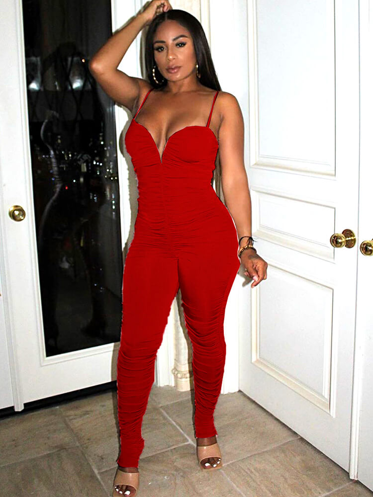 Spaghetti Strap Butt Lifting Ruched Bodycon Jumpsuits Tiynon