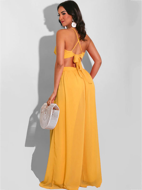 Spaghetti Strap Chiffon Backless Wide Leg Jumpsuits Tiynon