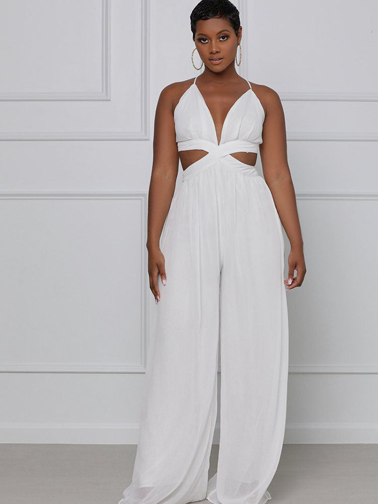 Spaghetti Strap Chiffon Backless Wide Leg Jumpsuits Tiynon