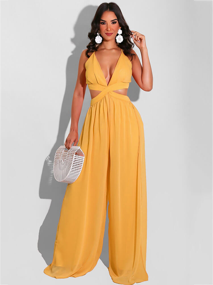 Spaghetti Strap Chiffon Backless Wide Leg Jumpsuits Tiynon