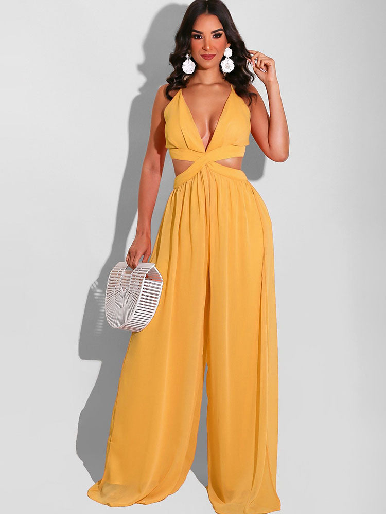 Spaghetti Strap Chiffon Backless Wide Leg Jumpsuits Tiynon