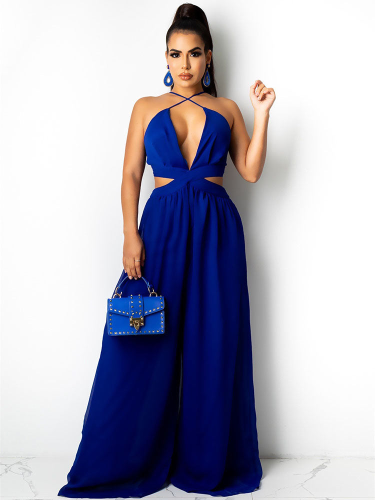 Spaghetti Strap Chiffon Backless Wide Leg Jumpsuits Tiynon