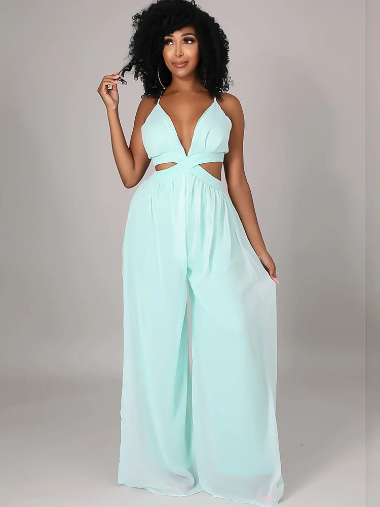 Spaghetti Strap Chiffon Backless Wide Leg Jumpsuits Tiynon