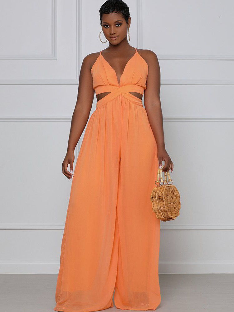 Spaghetti Strap Chiffon Backless Wide Leg Jumpsuits Tiynon