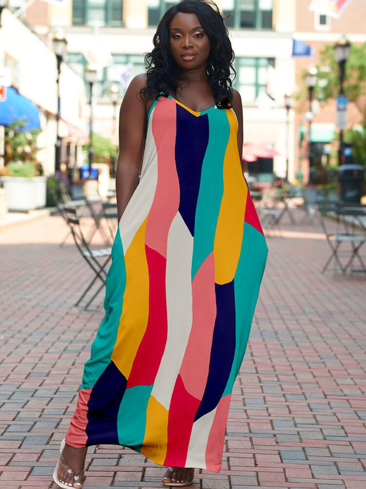 Spaghetti Strap Color Block Maxi Dress Tiynon