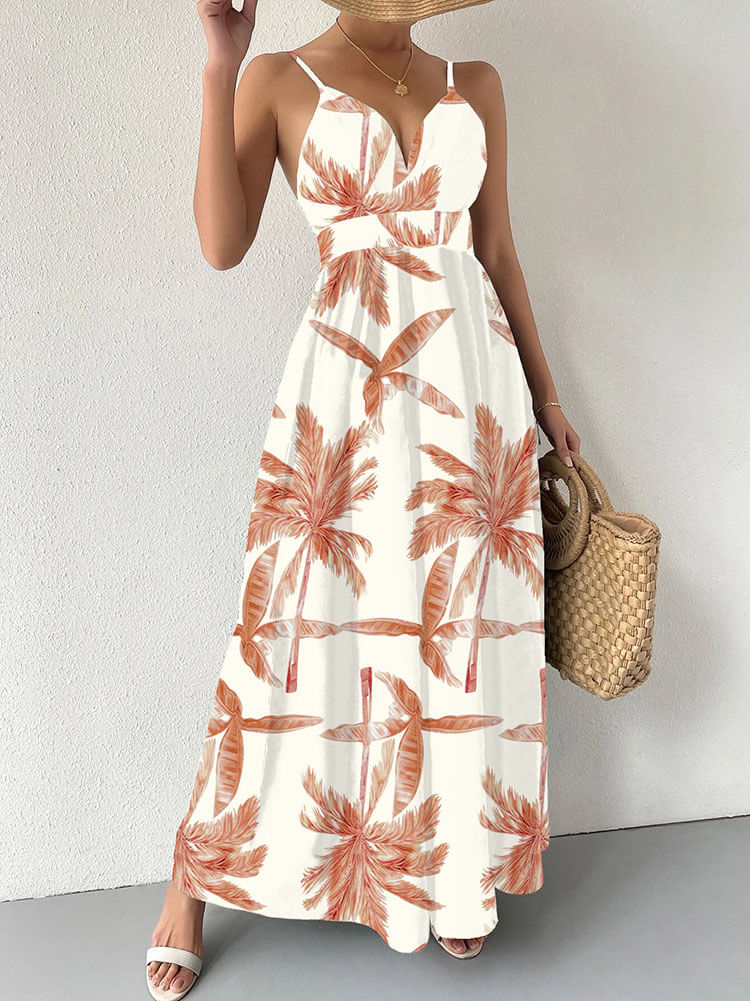 Spaghetti Strap Leaf Print Maxi Dresses Tiynon