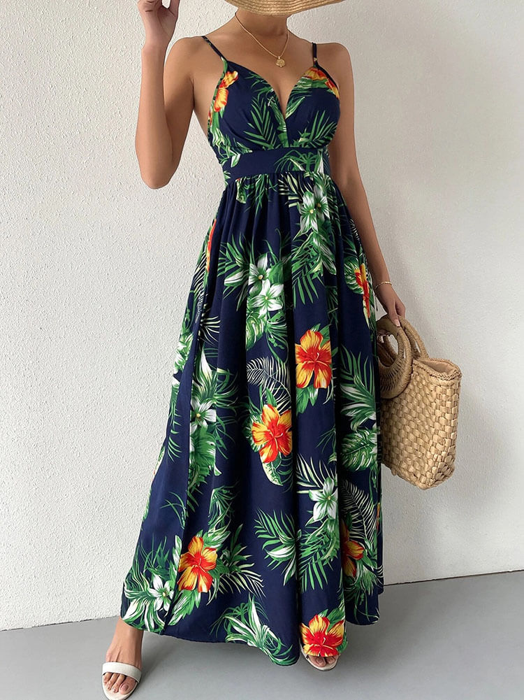 Spaghetti Strap Leaf Print Maxi Dresses Tiynon