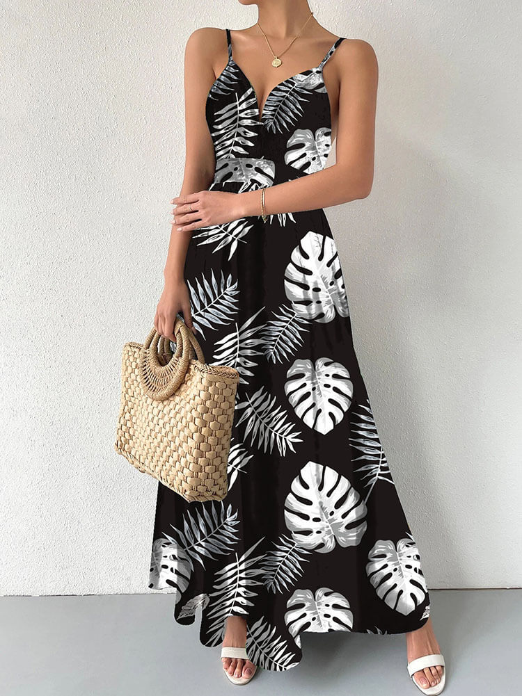 Spaghetti Strap Leaf Print Maxi Dresses Tiynon