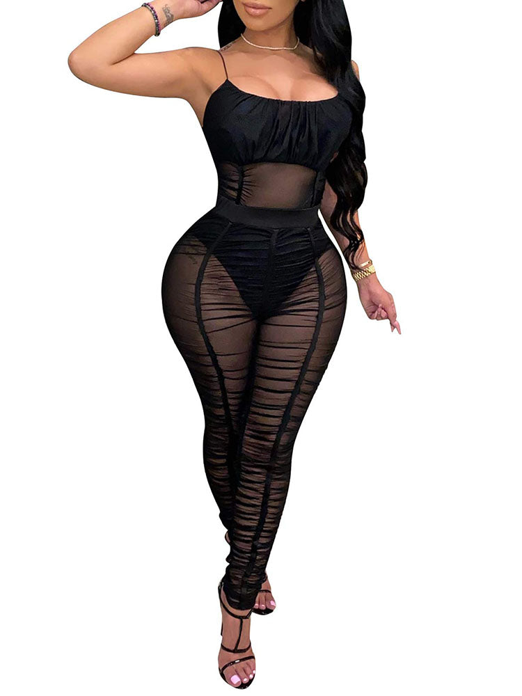 Spaghetti Strap Mesh Jumpsuits Tiynon