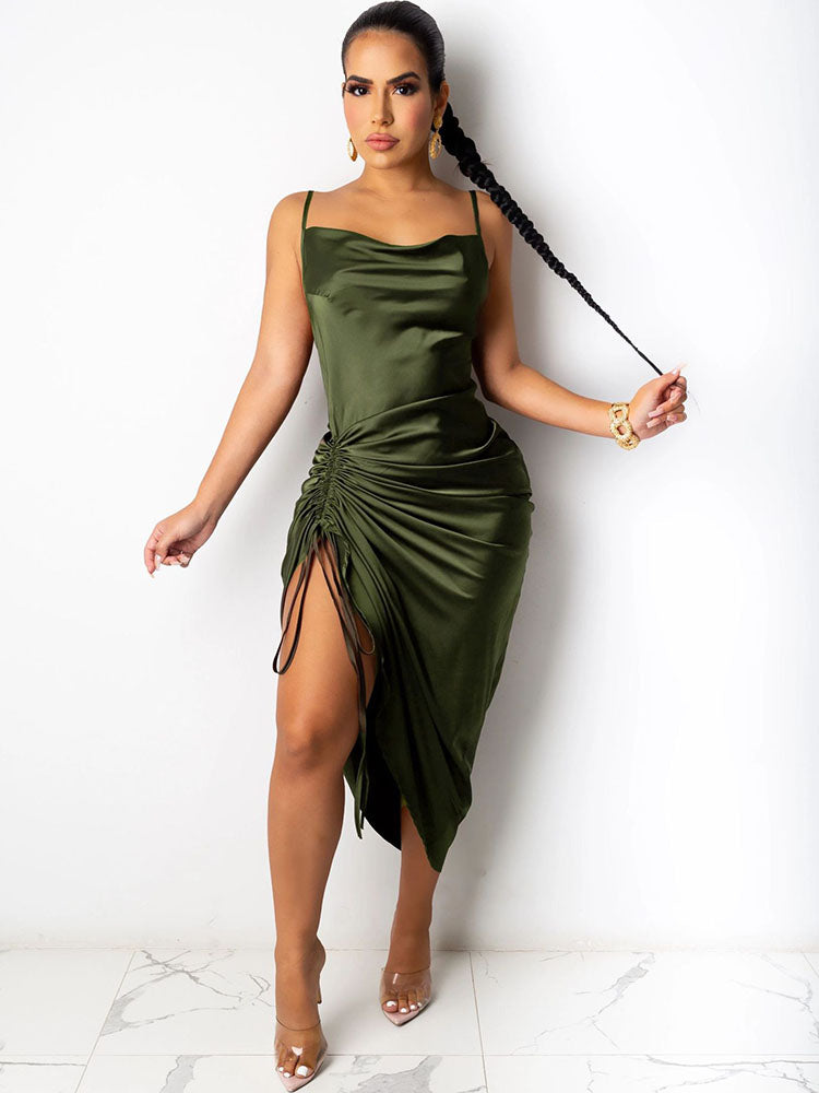 Spaghetti Strap Satin Backless Midi Dresses Tiynon