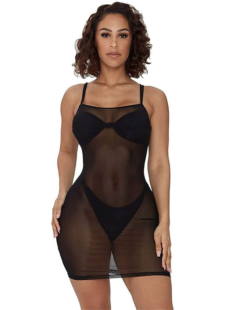 Spaghetti Strap Sheer Mesh Mini Dresses Cover Up Tiynon