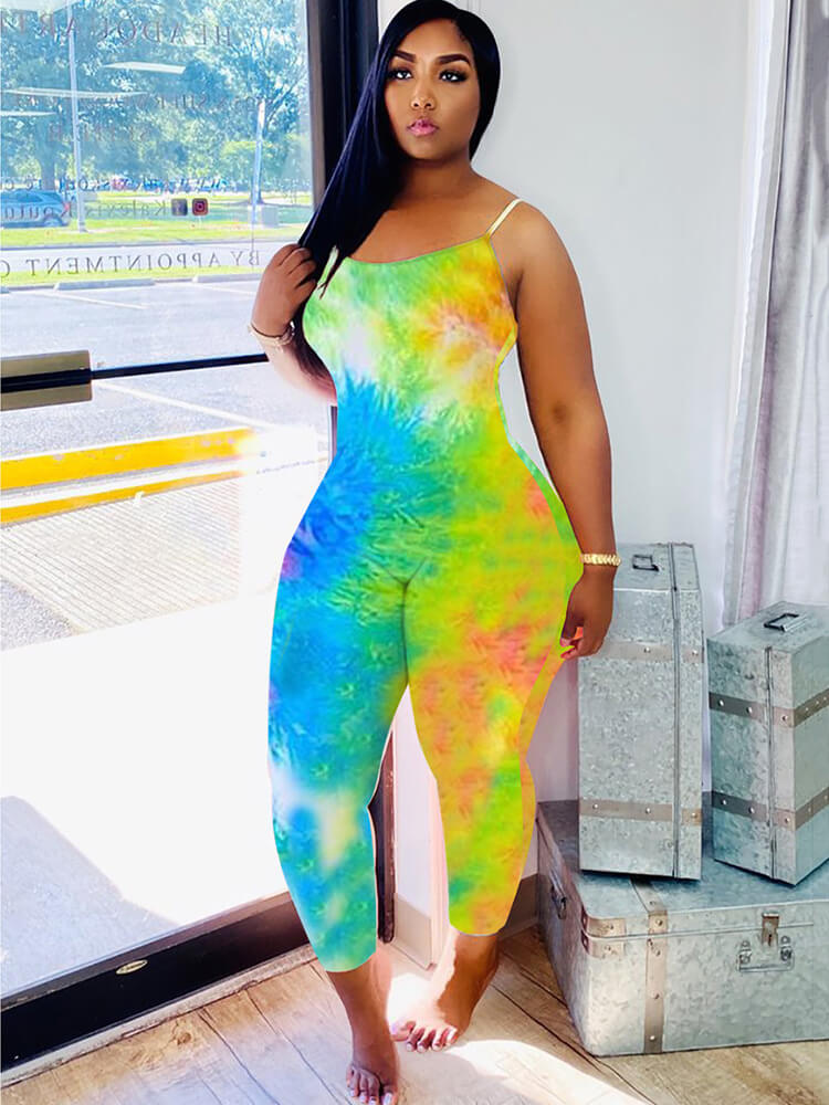 Spaghetti Strap Tie Dye Bodycon Jumpsuits Tiynon