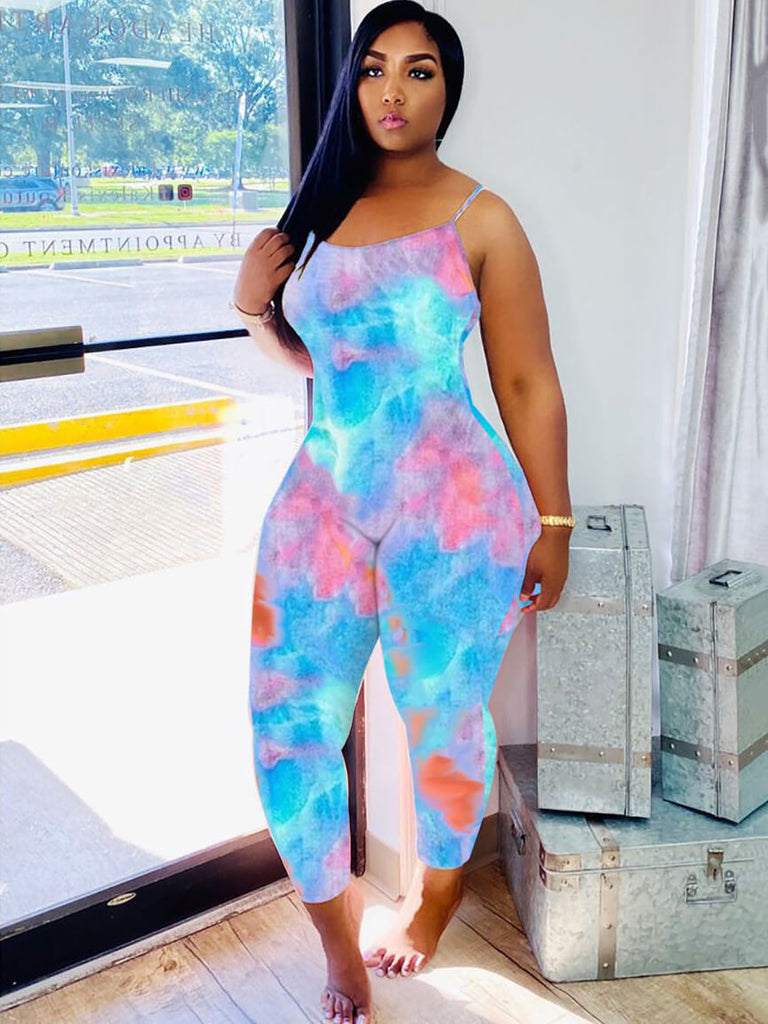 Spaghetti Strap Tie Dye Bodycon Jumpsuits Tiynon