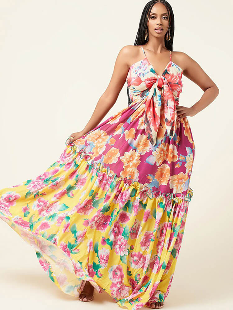 Spaghetti Strap V Neck Floral Maxi Dresses Tiynon