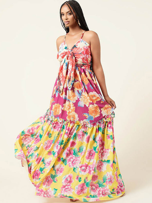 Spaghetti Strap V Neck Floral Maxi Dresses Tiynon