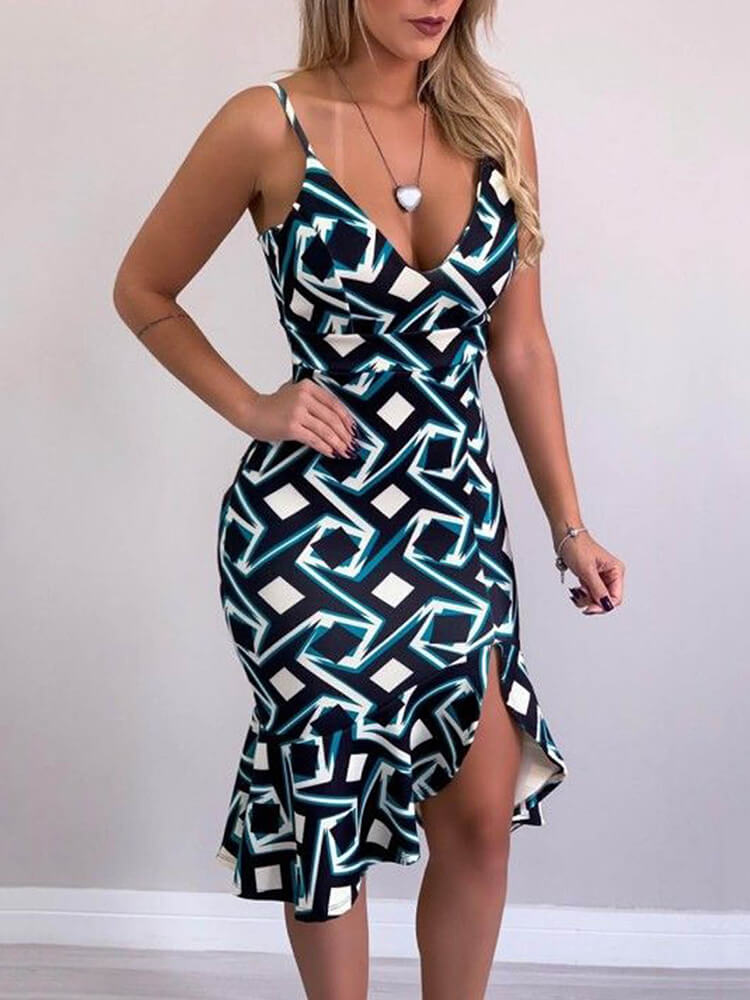 Spaghetti Strap V Neck Printed Split Ruffle Midi Dress Tiynon