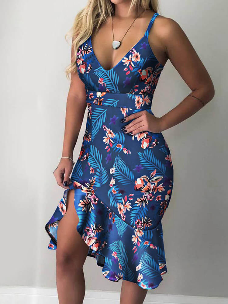 Spaghetti Strap V Neck Printed Split Ruffle Midi Dress Tiynon