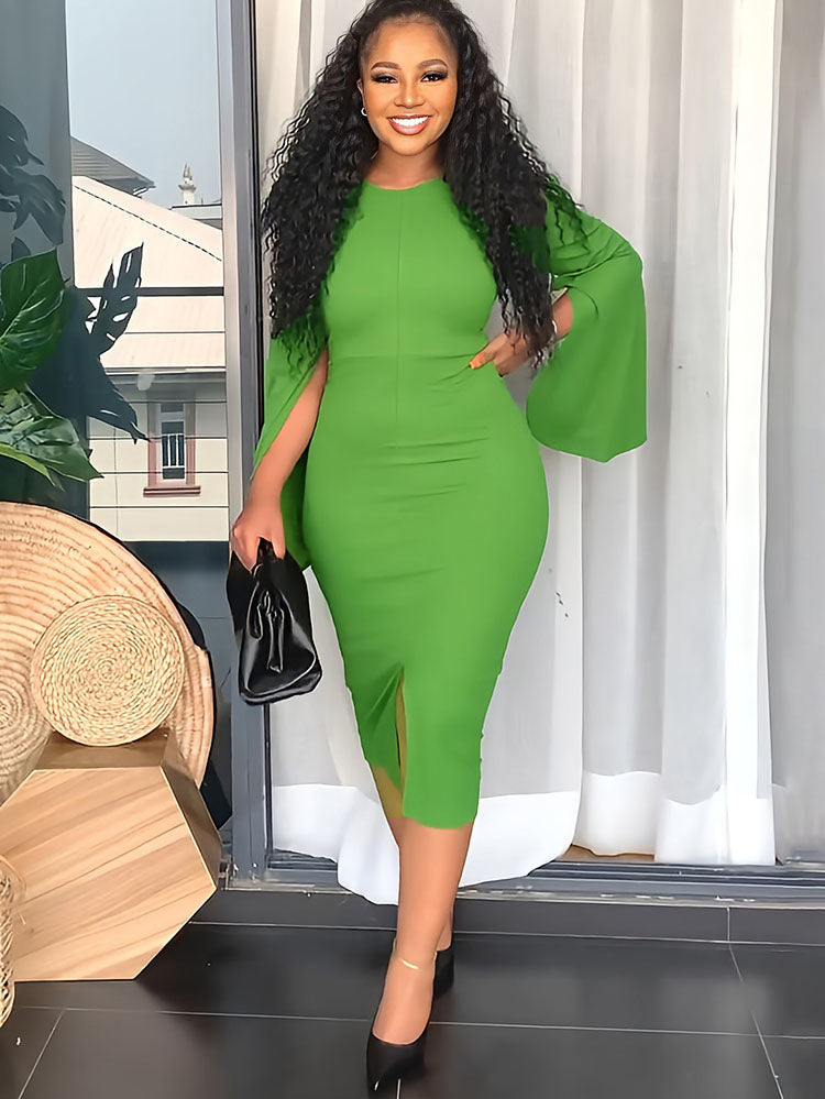 Split Sleeves Solid Color Bodycon Midi Dresses Tiynon