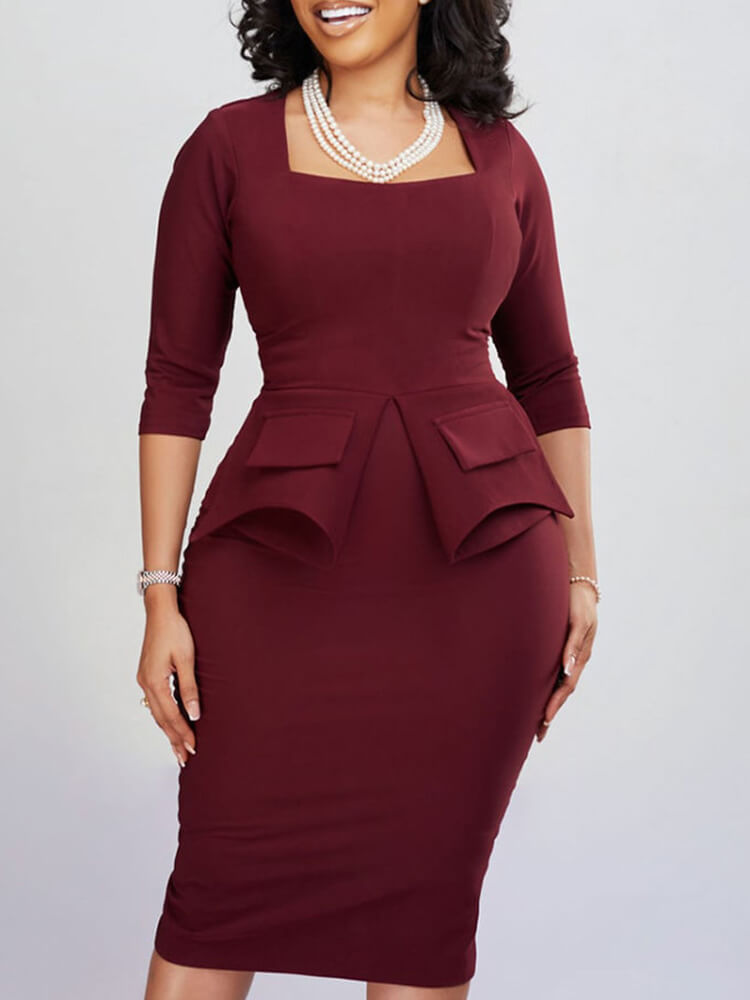 Square Neck Half Sleeve Midi Dresses Tiynon