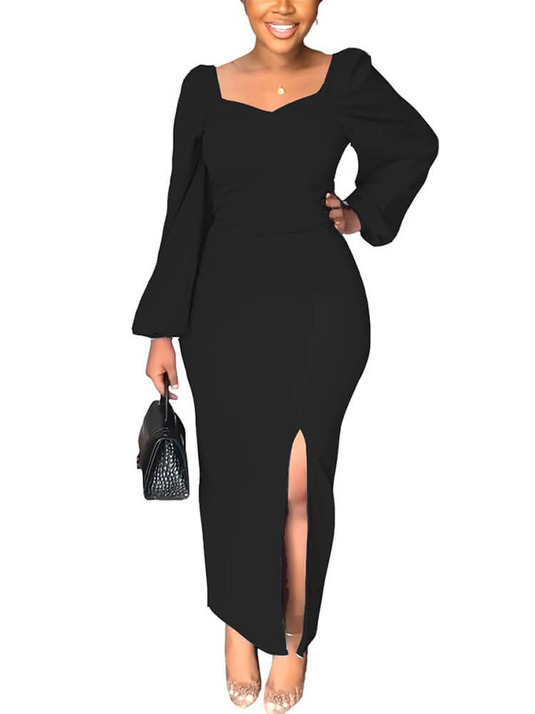 Square Neck Long Puff Sleeve Split Dress Tiynon