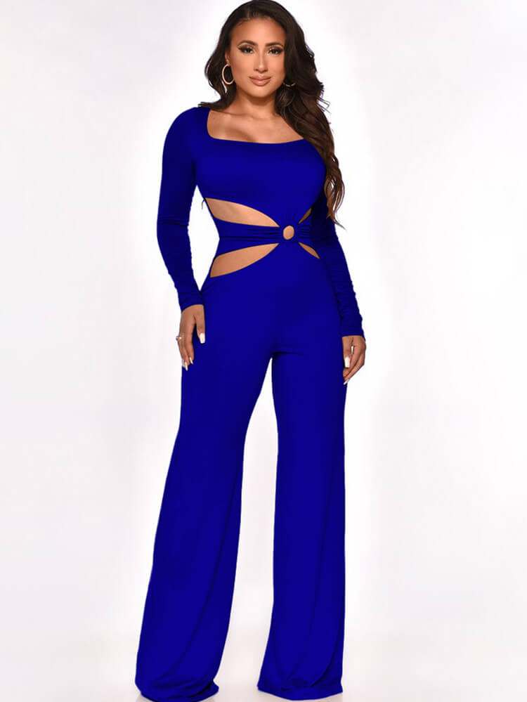 Square Neck Long Sleeve Cut Out Wide Leg Jumpsuit Tiynon