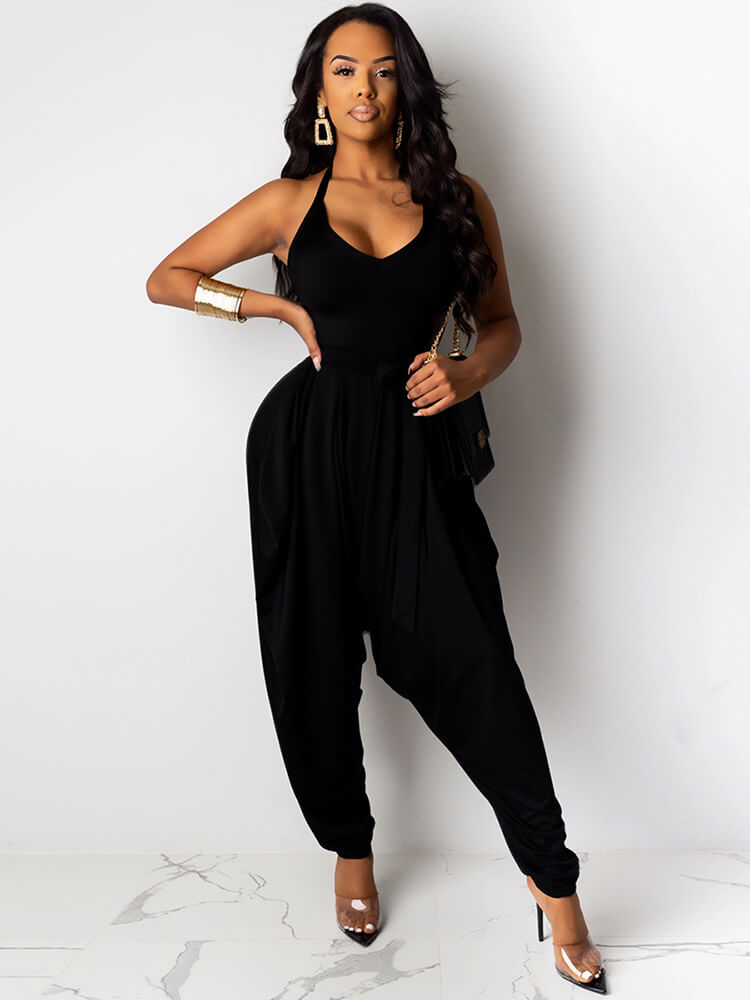 Strap Halter V Neck Backless Solid Color Harem Jumpsuits Tiynon