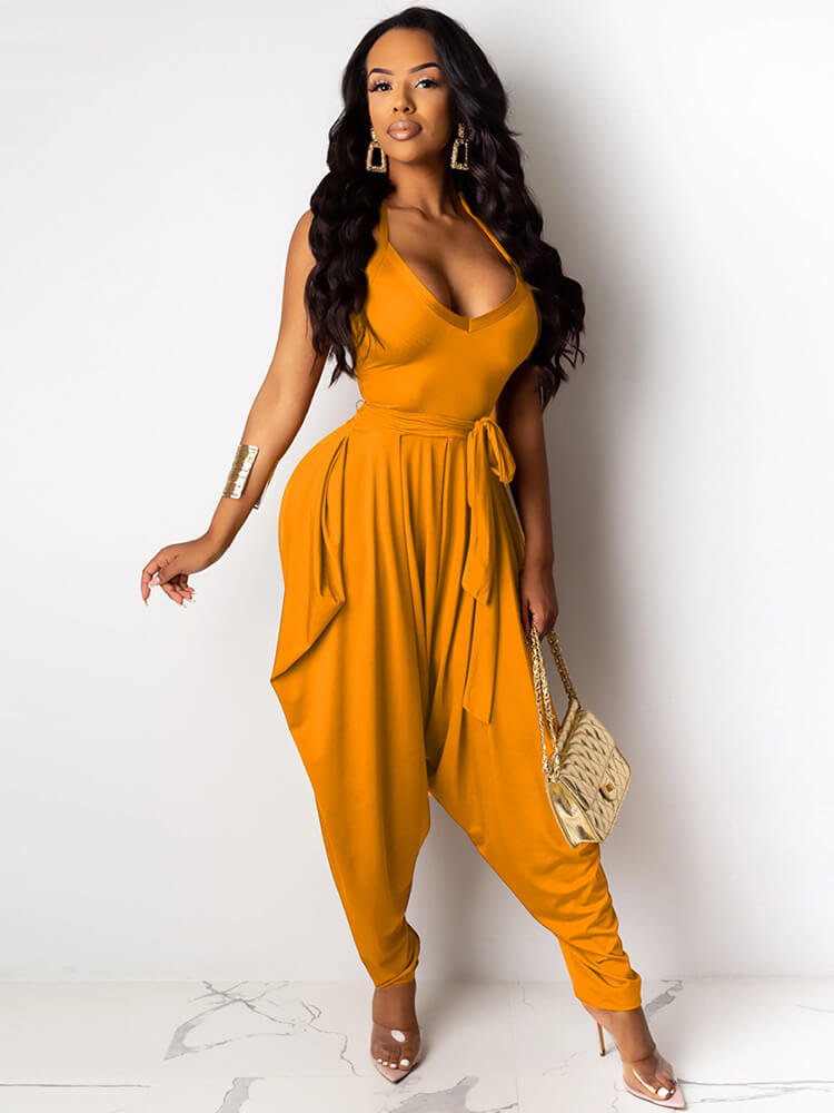 Strap Halter V Neck Backless Solid Color Harem Jumpsuits Tiynon