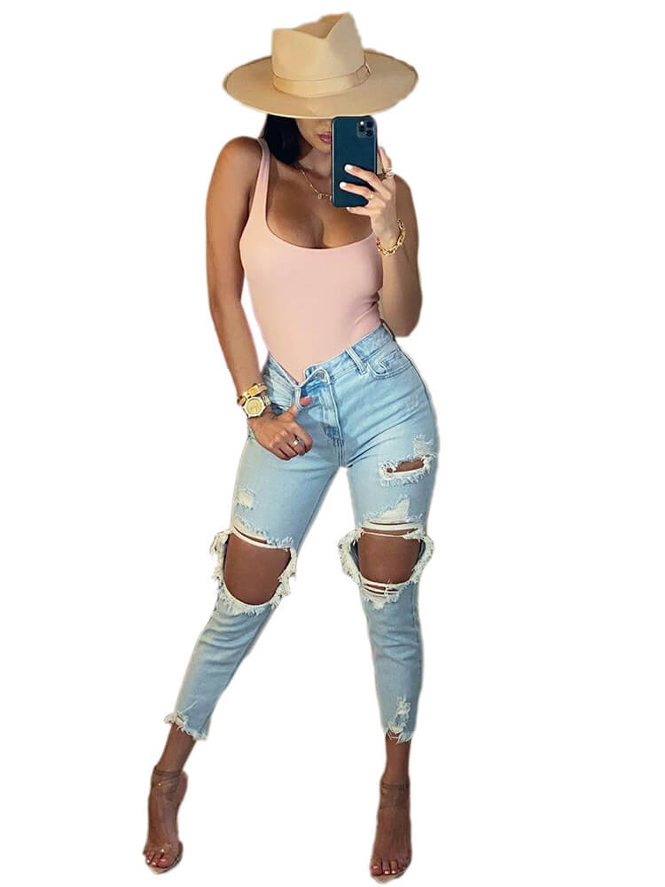 Stretchy Mid Waist Skinny Ripped Distressed Denim Jeans Tiynon